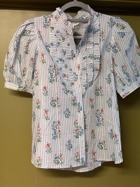 Savannah 7’s Blue & White Striped Floral Ruffle Blouse